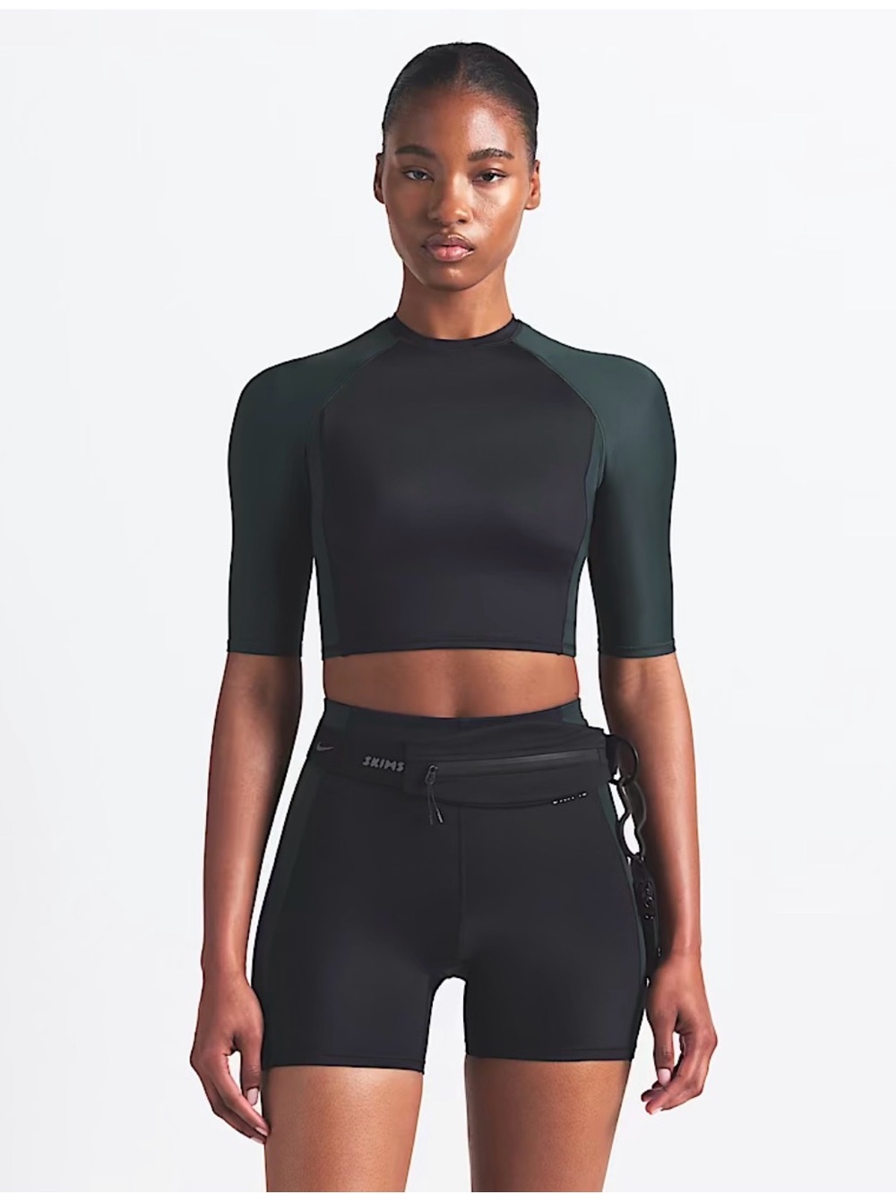 SKIMS Black Cropped Short-Sleeve Top with Dark Green Raglan Sleeves